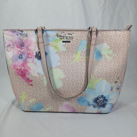 GUESS Large Floral Print PVC Tote Handbag Beige Logo Monogram – Shoulder Bag - Picture 1 of 9